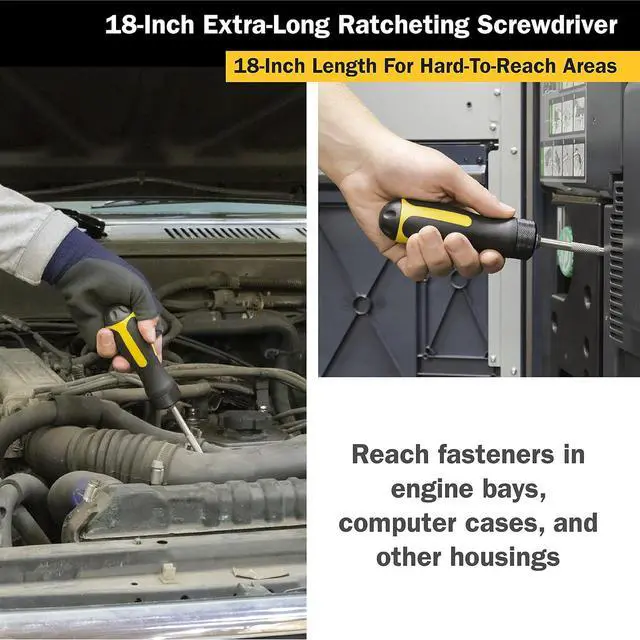 Alt view image 6 of 6 - 12218 18-Inch Extra Long High-Torque Ratcheting Bit Driver, Ratcheting Screwdriver Set Includes (10) Bits and Magnetic Bit Holder, Stainless Steel Shaft & S2 Steel Bits