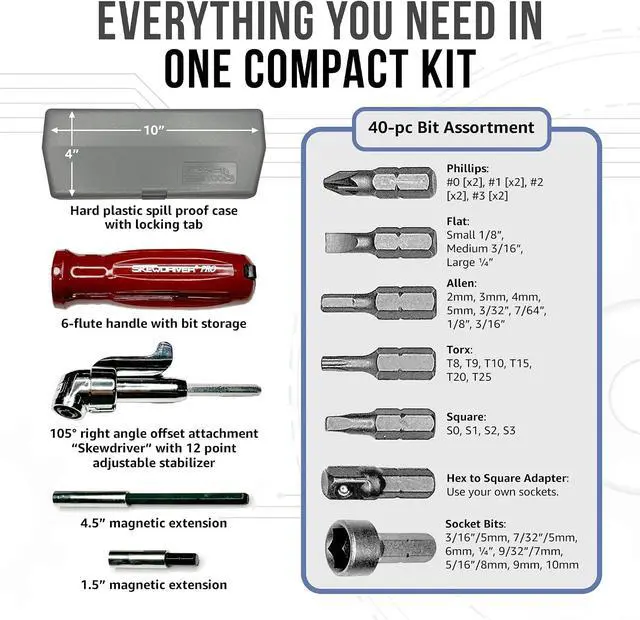 Alt view image 4 of 7 - Professional Screwdriver Kit. 300 Tools in 1. Offset Right Angle Attachment For Low Profile Areas. Storage Case With 40 Bits. The Most Versatile Tool Set For Home Repair & Auto Mechanics.