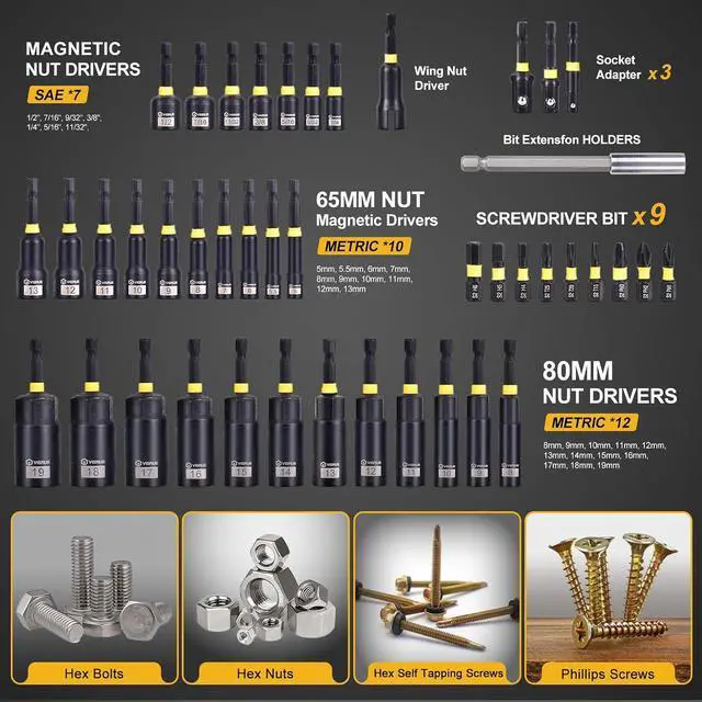 Alt view image 2 of 7 - 43PCS Impact Driver Nut Set, Magnetic & Deep, Metric/SAE, with Bits | Magnetic Deep Nut Drivers, Wing Nut Driver, 1/4 Quick Change, Phillips/Torx/Hex Bits with Extension for Auto & Home Repair