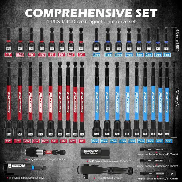 Alt view image 2 of 7 - 41-Piece Premium 1/4" Drive Magnetic Impact Nut Driver Set Metric & SAE Standard & Deep with Socket Adapters, 2-in-1 Ratchet Wrench, Wing Nut Driver, Universal Sockets, Quick Release Bit Holder