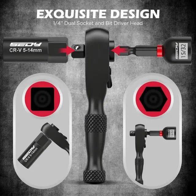 Alt view image 3 of 7 - 41-Piece Premium 1/4" Drive Magnetic Impact Nut Driver Set Metric & SAE Standard & Deep with Socket Adapters, 2-in-1 Ratchet Wrench, Wing Nut Driver, Universal Sockets, Quick Release Bit Holder