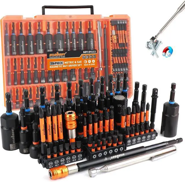 Main image of Upgraded 79-Piece Magnetic Impact Nut Driver Set, Metric & SAE with 3LB Magnetic Pickup Tool, Socket Adapters, Wing Nut Driver, Universal Sockets, Quick-Change Bit Holder & Extensions, Power Bits