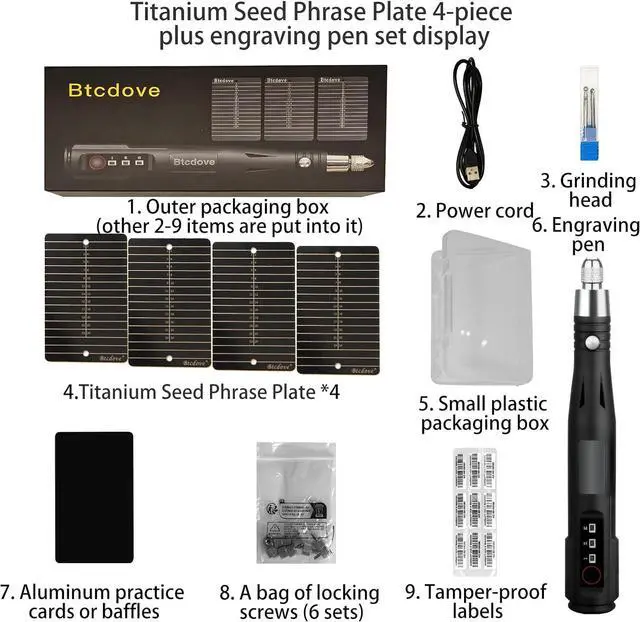 Alt view image 7 of 7 - Crypto Seed Phrase Storage, Titanium Metal Seed Backup Plate Kit for Bitcoin Wallet Recovery, BIP39 Compatible Cold Storage for Ledger & Trezor, 24 Word Seed Phrase Backup with Electric Engraving Pen