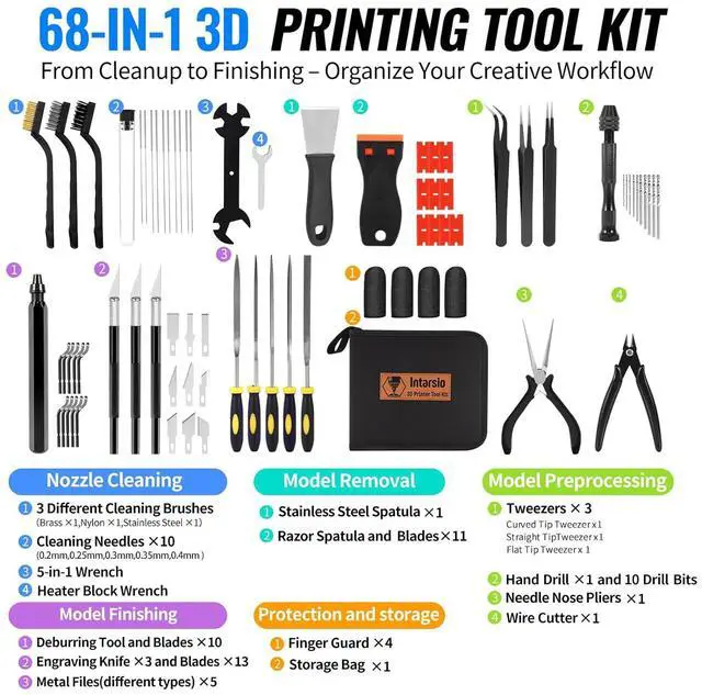 Alt view image 2 of 7 - 68Pcs 3D Printer Tools Kit with Storage Case, 3D Printer Accessories - Deburring Tool, 3D Printer Removing Scrapers, Metal Files, Brushes, Hand Drill, Tweezers, for Bambu Lab, Ender 3, Kobra, etc.