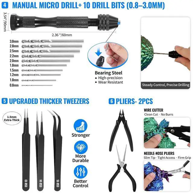 Alt view image 6 of 7 - 68Pcs 3D Printer Tools Kit with Storage Case, 3D Printer Accessories - Deburring Tool, 3D Printer Removing Scrapers, Metal Files, Brushes, Hand Drill, Tweezers, for Bambu Lab, Ender 3, Kobra, etc.