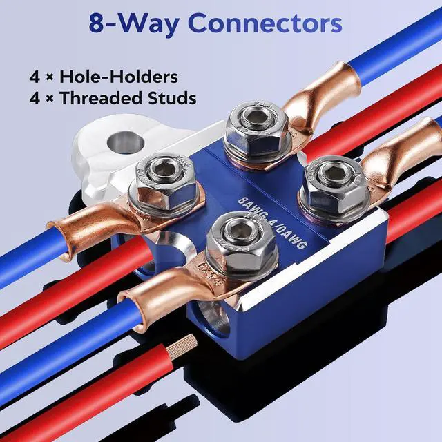 Alt view image 2 of 7 - 8-Way Lead Acid Battery Terminal Connectors, Colored Anode Top Post Battery Terminal Clamps, for SAE/DIN/EN Tapered Top Post, Compatible with 8AWG to 4/0 AWG, M8 (5/16-18)