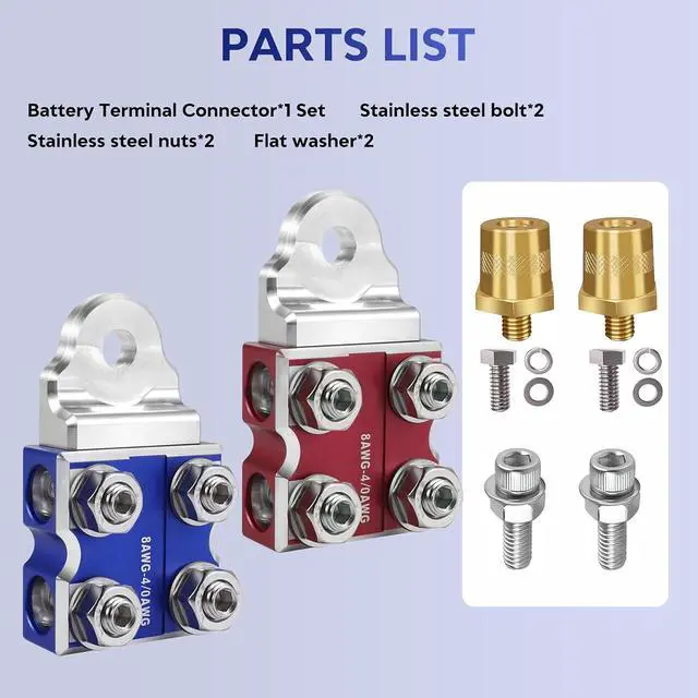 Alt view image 7 of 7 - 8-Way Lead Acid Battery Terminal Connectors, Colored Anode Top Post Battery Terminal Clamps, for SAE/DIN/EN Tapered Top Post, Compatible with 8AWG to 4/0 AWG, M8 (5/16-18)