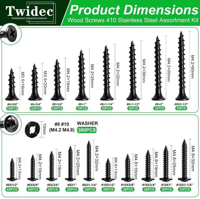 Alt view image 2 of 6 - /1310PCS Black Wood Screws #8#10 Phillips Truss HeadDrywall Screws | High Hardness Self Tapping Screws,Wood Screws Assortment Kit Coarse Thread 1/2" to 2-1/2" For Indoor Furniture,Woodworking