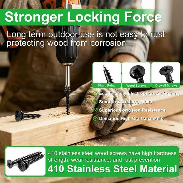 Alt view image 3 of 6 - /1310PCS Black Wood Screws #8#10 Phillips Truss HeadDrywall Screws | High Hardness Self Tapping Screws,Wood Screws Assortment Kit Coarse Thread 1/2" to 2-1/2" For Indoor Furniture,Woodworking