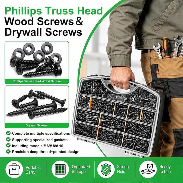 Alt view image 5 of 6 - /1310PCS Black Wood Screws #8#10 Phillips Truss HeadDrywall Screws | High Hardness Self Tapping Screws,Wood Screws Assortment Kit Coarse Thread 1/2" to 2-1/2" For Indoor Furniture,Woodworking
