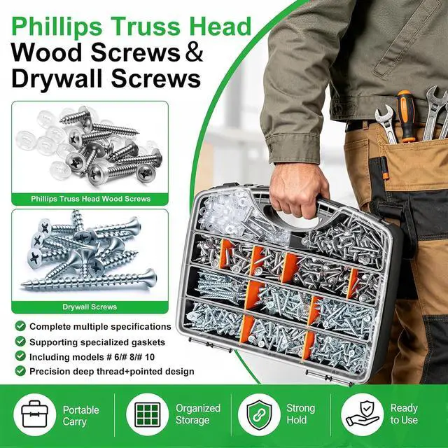 Alt view image 5 of 6 - /1310PCS Silver Wood Screws #8#10 Phillips Truss HeadDrywall Screws | High Hardness Self Tapping Screws,Wood Screws Assortment Kit,Coarse Thread 1/2" to 2-1/2" For Indoor Furniture,Woodworking