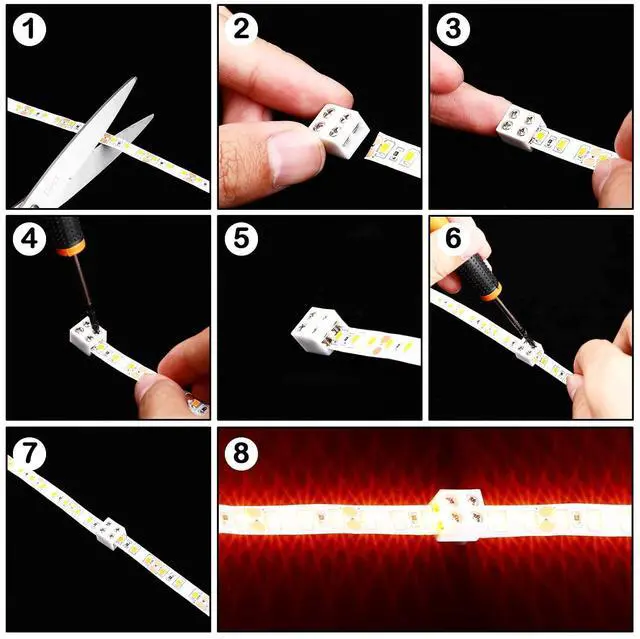 Alt view image 5 of 7 - 100 Pack Solderless LED Tape to Tape Connectors Tighten Screw Terminal Blocks 2 Pin 8mm Connector with Screwdriver Connector for 5v 12v 24v Monochrome LED Low Voltage Strip Decorative Finishing