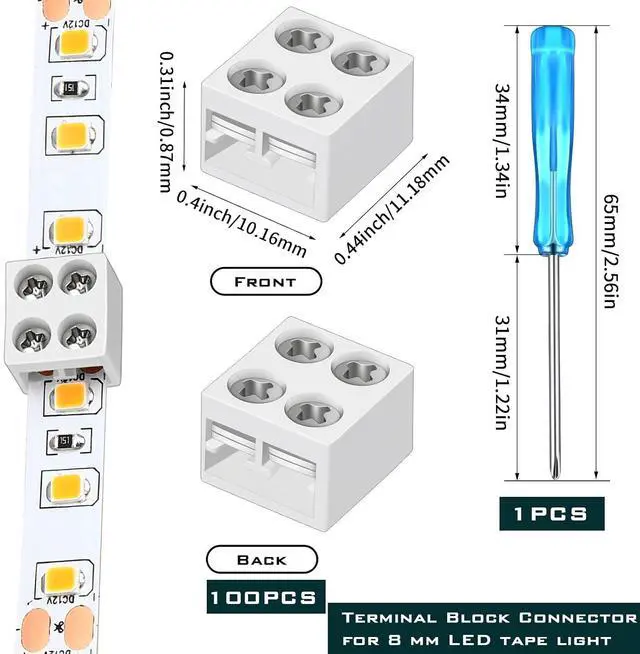 Alt view image 2 of 7 - 100 Pack Solderless LED Tape to Tape Connectors Tighten Screw Terminal Blocks 2 Pin 8mm Connector with Screwdriver Connector for 5v 12v 24v Monochrome LED Low Voltage Strip Decorative Finishing