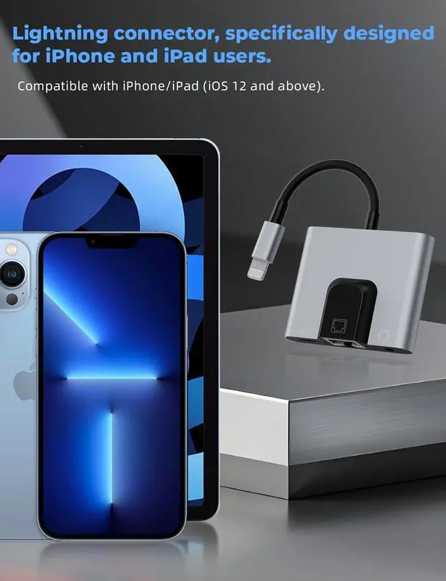 Alt view image 5 of 6 - Lightning to RJ45 Ethernet Adapter,Wired Internet Support up to 10/100Mbps,with Lightning Charging Port & 3.5mm Audio Jack,Compatible with iPhone 14/13/12/11/iPad