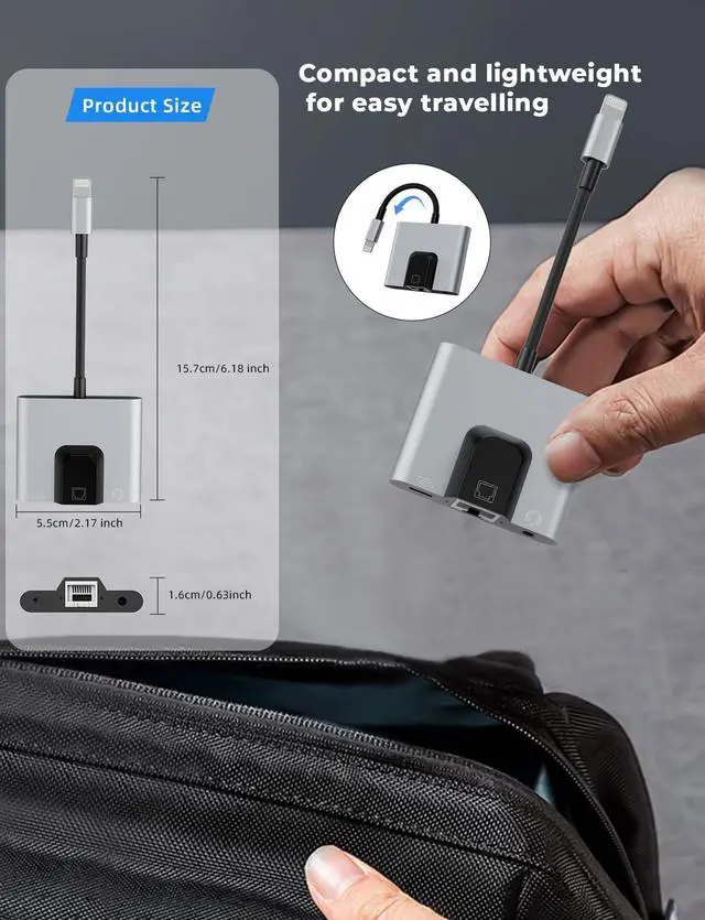 Alt view image 6 of 6 - Lightning to RJ45 Ethernet Adapter,Wired Internet Support up to 10/100Mbps,with Lightning Charging Port & 3.5mm Audio Jack,Compatible with iPhone 14/13/12/11/iPad