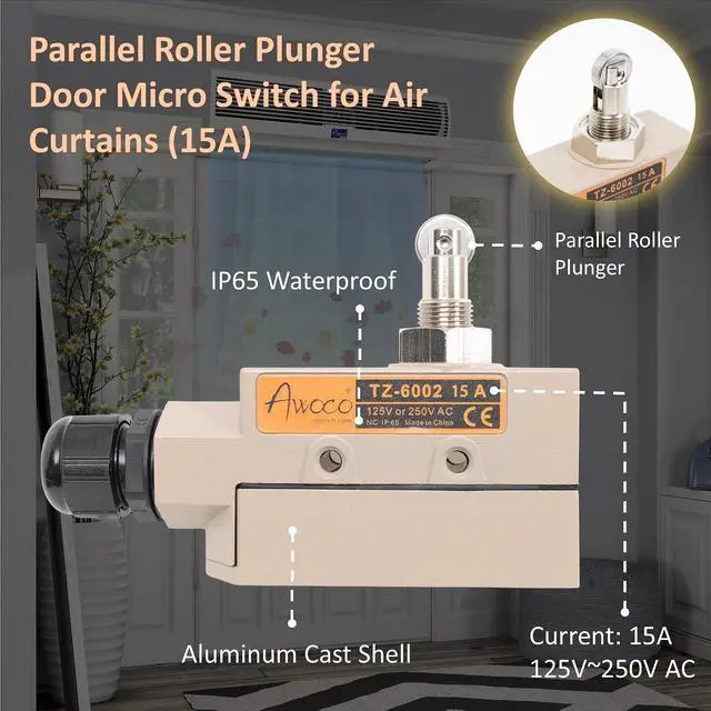 Alt view image 2 of 5 - Heavy Duty Commercial Door Micro Switch with Parallel Roller Plunger for Sliding Doors/Windows for Air Curtains, 250V 15A IP 65 Limit Switch Type NO and Type NC (TZ-6002-15A)