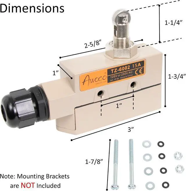 Alt view image 3 of 5 - Heavy Duty Commercial Door Micro Switch with Parallel Roller Plunger for Sliding Doors/Windows for Air Curtains, 250V 15A IP 65 Limit Switch Type NO and Type NC (TZ-6002-15A)