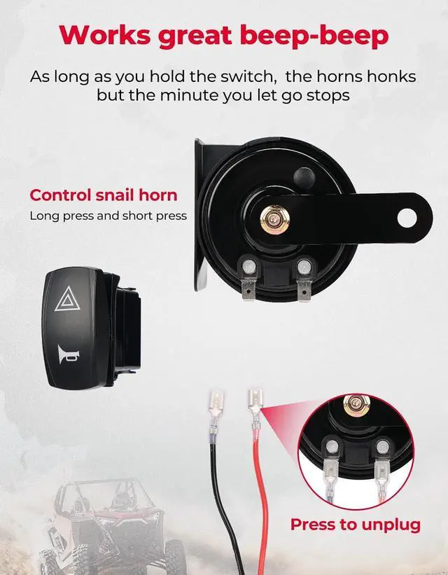 Alt view image 5 of 7 - UTV Turn Signal Kit with 110D Horn, Plug and Play UTV ATV Blinker with Rocker Switch, Universal Street Legal Kit Compatible with Polaris, Can-Am, Kawasaki (Without License Plate Holder)