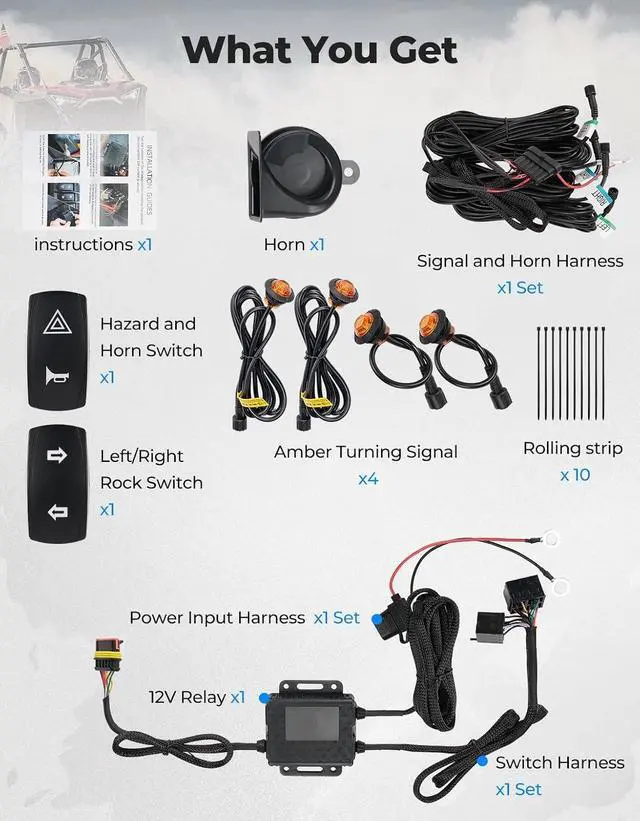 Alt view image 7 of 7 - UTV Turn Signal Kit with 110D Horn, Plug and Play UTV ATV Blinker with Rocker Switch, Universal Street Legal Kit Compatible with Polaris, Can-Am, Kawasaki (Without License Plate Holder)