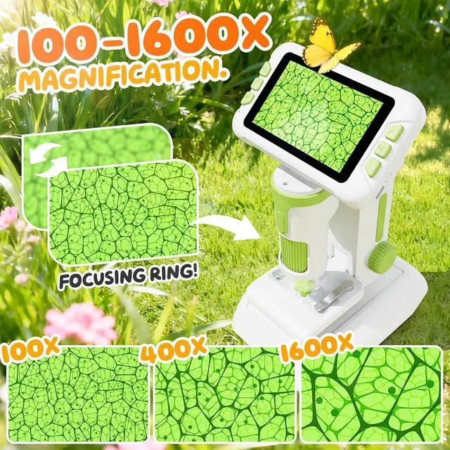 Alt view image 2 of 7 - 1600X Microscope for Kids, 1080P 4.0" Digital Screen Kids Microscopes with Slides Kit, Educational Science Toys for Christmas Birthday Gifts for 3-14 Year Old Children Students