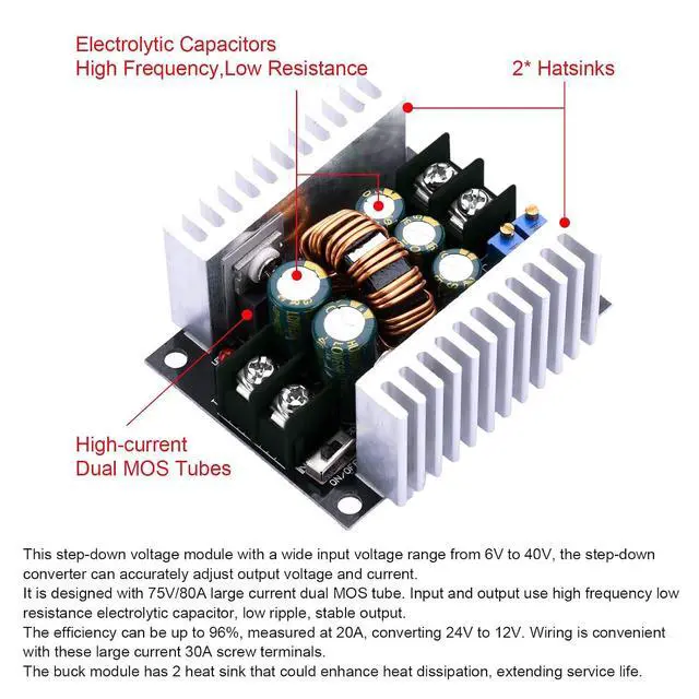Alt view image 4 of 6 - Adjustable Voltage Regulator Buck Converter CC CV Step Down Module DC 6-40V to DC 1.2-36V 20A 300W Power Module Charging Drive with Short Circuit Protection 5PCS