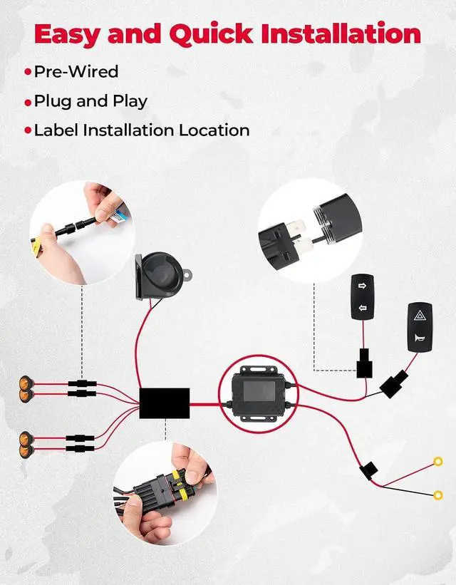Alt view image 2 of 7 - UTV Turn Signal Kit with 110D Horn, Plug and Play UTV ATV Blinker with Rocker Switch, Universal Street Legal Kit Compatible with Polaris, Can-Am, Kawasaki (Without License Plate Holder)