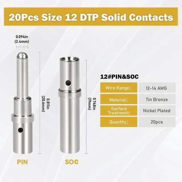 Alt view image 3 of 7 - 200PCS Deutsch Connector Pins and Sockets Solid Contact Kit Barrel Style Contacts Size 12 16 20 Male Female Terminals DT Series Pin for Connectors Kit Crimp Solid Terminal for DT, DTP, DTM
