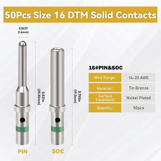 Alt view image 4 of 7 - 200PCS Deutsch Connector Pins and Sockets Solid Contact Kit Barrel Style Contacts Size 12 16 20 Male Female Terminals DT Series Pin for Connectors Kit Crimp Solid Terminal for DT, DTP, DTM
