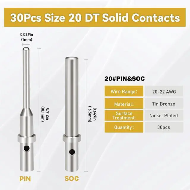 Alt view image 5 of 7 - 200PCS Deutsch Connector Pins and Sockets Solid Contact Kit Barrel Style Contacts Size 12 16 20 Male Female Terminals DT Series Pin for Connectors Kit Crimp Solid Terminal for DT, DTP, DTM