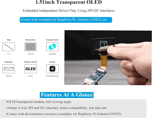 Alt view image 3 of 7 - 1.51inch Transparent OLED Compatible with Raspberry Pi 5/4B/3B+/3B/A+/Pi Zero W/Pi Zero 2W, 128 x 64 Resolution, SPI/I2C Interfaces, Embedded Independent Driver Chip, Light Blue Color Display
