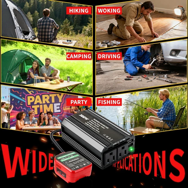 Alt view image 7 of 7 - 300W Power Inverter for Craftsman Batteries DC 20V to AC 110120V, Portable Adapter/Converter with 3 USB, 1 Type-C & 2 AC Outlets for Outdoor & Emergency (Tool Only)