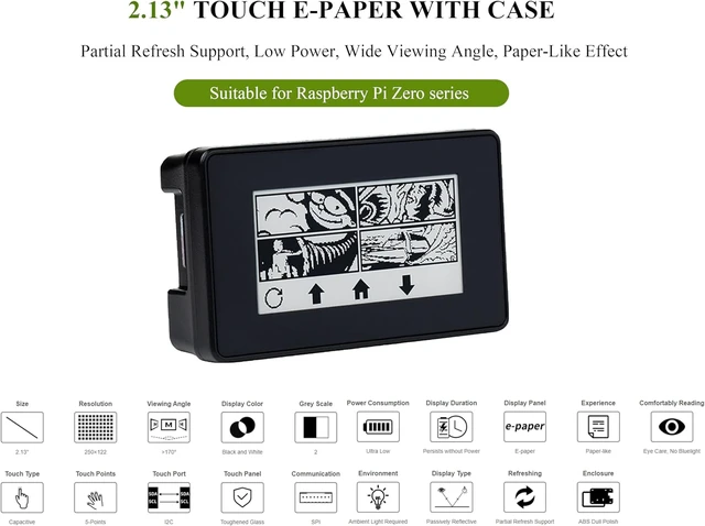 Alt view image 2 of 7 - 2.13-Inch Touch e-Paper Display with ABS Case for Raspberry Pi Zero 2 W/Zero/Zero W/Zero WH 250×122 Pixel E-Ink, Paper-Like Effect, Partial Refresh