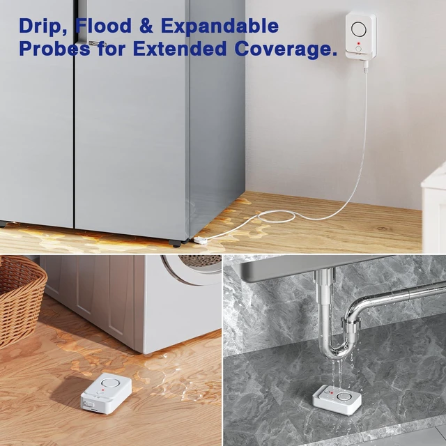 Alt view image 3 of 7 - 5 Pack Water Leak Detectors with 5FT Extendable Water Level Probe, 120dB Drip/Flood Sensor Alarm for Home/Basement Sump Pump/Bathroom/Kitchen/Toilet/Laundry Room/RV, Under Sink/Pipe Leakage Detection