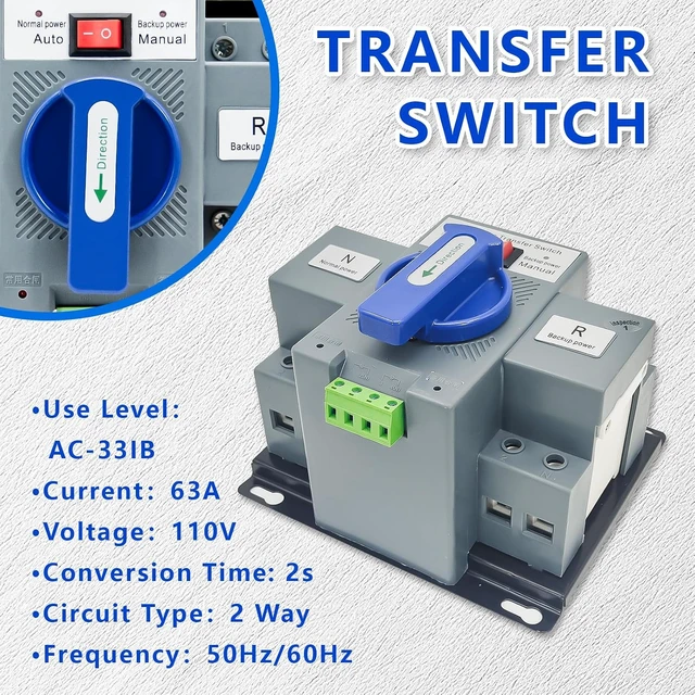 Alt view image 4 of 7 - 63A 2P Dual Power Automatic Transfer Switch (ATS), AC 110V, 50Hz/60Hz