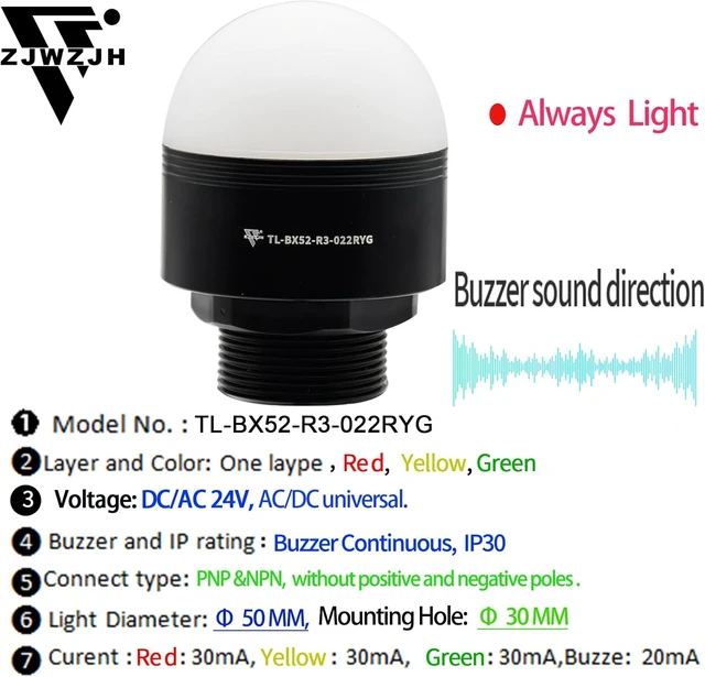 Alt view image 2 of 7 - 3-Color LED Warning Tower Stack Light with 85dB Buzzer, 30mm Dome