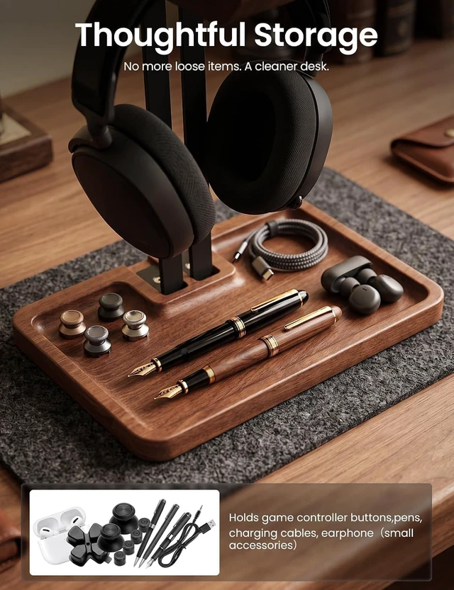 Alt view image 3 of 7 - Walnut Headphone and Controller Stand, 2-in-1 Holder with Storage