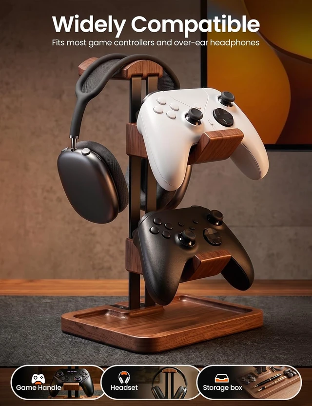 Alt view image 4 of 7 - Walnut Headphone and Controller Stand, 2-in-1 Holder with Storage