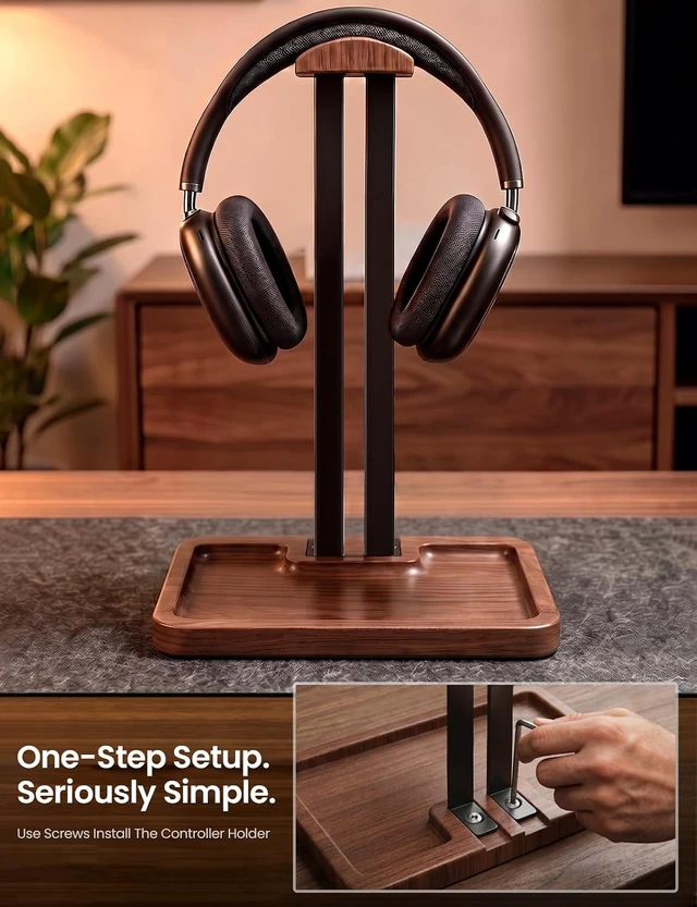 Alt view image 5 of 7 - Walnut Headphone and Controller Stand, 2-in-1 Holder with Storage