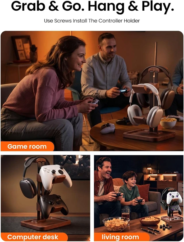 Alt view image 6 of 7 - Walnut Headphone and Controller Stand, 2-in-1 Holder with Storage