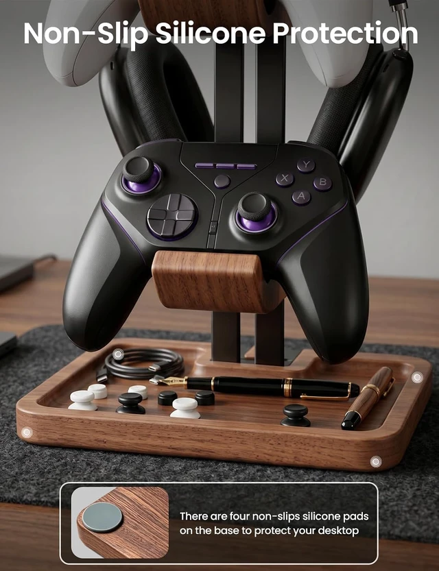 Alt view image 7 of 7 - Walnut Headphone and Controller Stand, 2-in-1 Holder with Storage