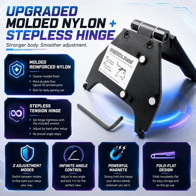 Alt view image 2 of 6 - Adjustable Magnetic Stand - Compatible with Cyborg II, II Compact, Classic, Molded Reinforced Nylon, Stepless Infinite Adjustable Hinge Mount, Foldable Portable Gaming Keypad Bracket, Black