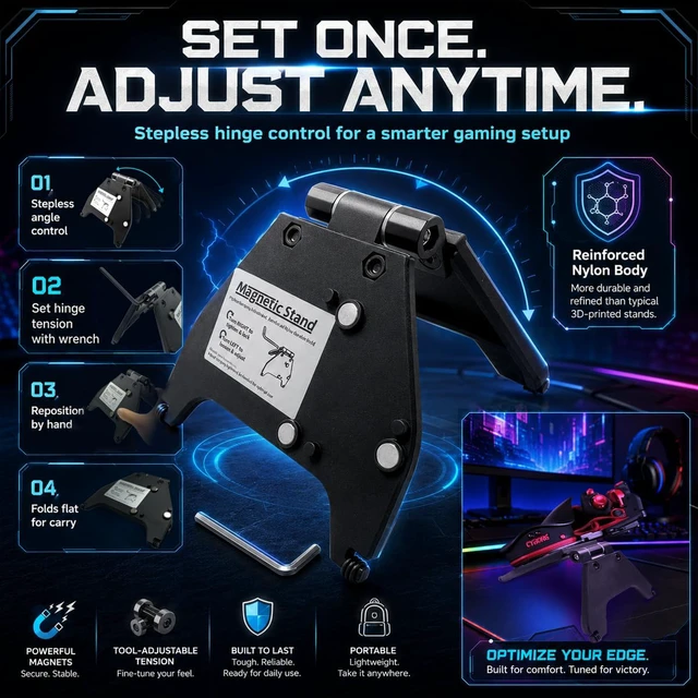Alt view image 3 of 6 - Adjustable Magnetic Stand - Compatible with Cyborg II, II Compact, Classic, Molded Reinforced Nylon, Stepless Infinite Adjustable Hinge Mount, Foldable Portable Gaming Keypad Bracket, Black