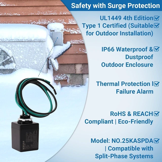 Alt view image 3 of 7 - Wells 120/240V Universal Surge Protector for HVAC & Heat Pump 25kA Type 1 SPD, 200kA SCCR, NEMA 4X/IP66 Waterproof Enclosure, TFMV, Easy Install (1-Phase, 3-Wire)