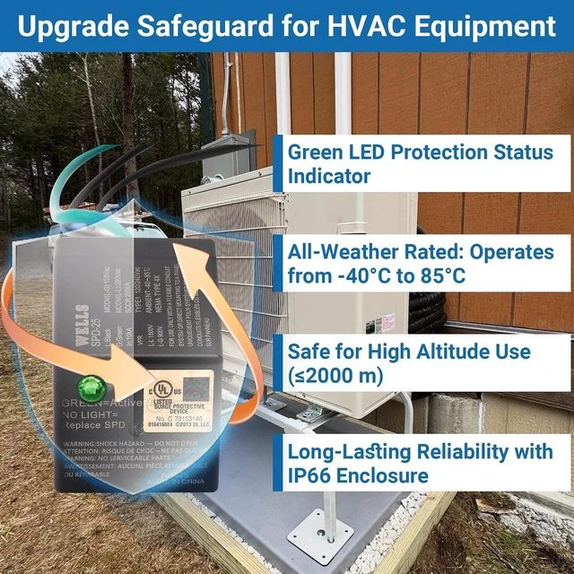 Alt view image 5 of 7 - Wells 120/240V Universal Surge Protector for HVAC & Heat Pump 25kA Type 1 SPD, 200kA SCCR, NEMA 4X/IP66 Waterproof Enclosure, TFMV, Easy Install (1-Phase, 3-Wire)