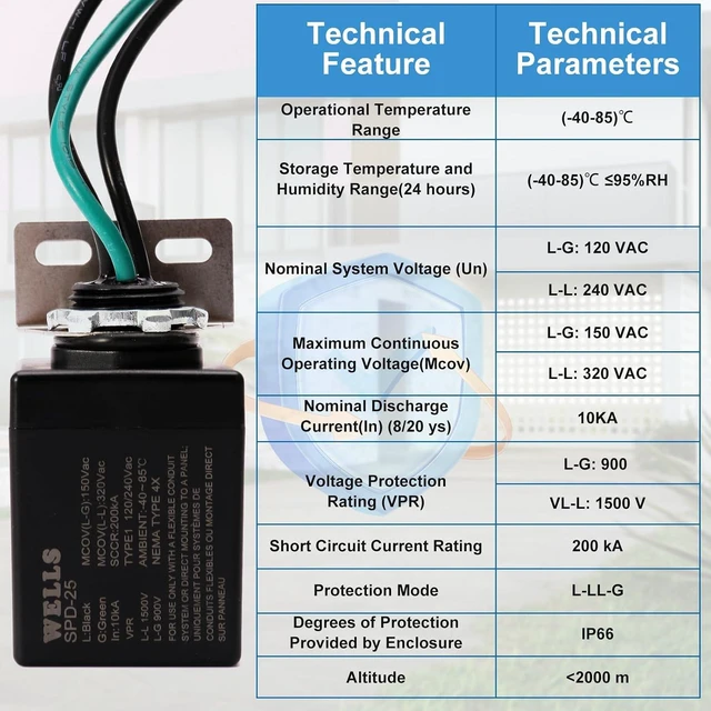 Alt view image 6 of 7 - Wells 120/240V Universal Surge Protector for HVAC & Heat Pump 25kA Type 1 SPD, 200kA SCCR, NEMA 4X/IP66 Waterproof Enclosure, TFMV, Easy Install (1-Phase, 3-Wire)