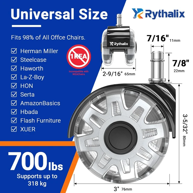 Alt view image 2 of 7 - 3" Office Chair Wheels Set of 5 - Desk Chair Caster Wheels
