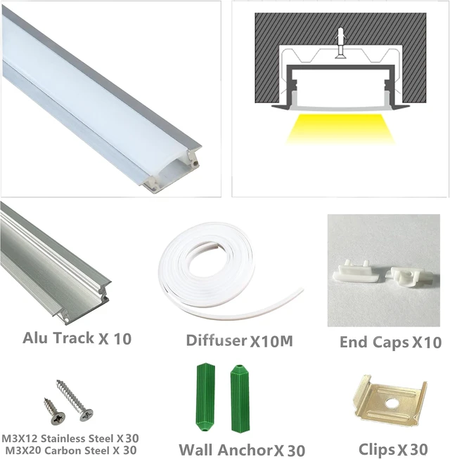 Alt view image 3 of 7 - 10-Pack 3.3FT Recessed Strip Channel With Continuous Silicone Diffuser , Flexible Seamless Milky Cover LED Ribbon Tape Track,Wardrobe Bookcase Cabinet Embedded Aluminum Low Profile (10, Silver)
