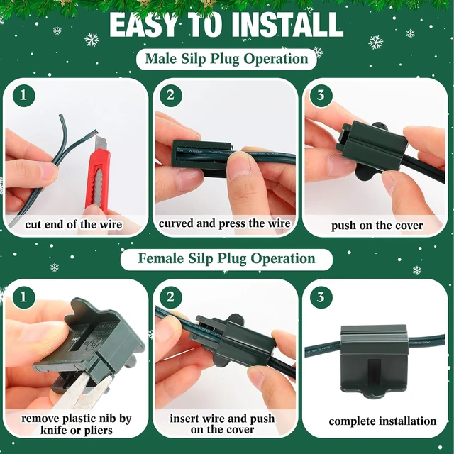 Alt view image 4 of 7 - 117 Pcs SPT-1 Electrical Wire Christmas Female and Male Slip Plug Christmas Light Clip Weatherproof 18AWG 2-Conductor Wire for Xmas Lights Holiday Supplies Decoration (100ft,Green)