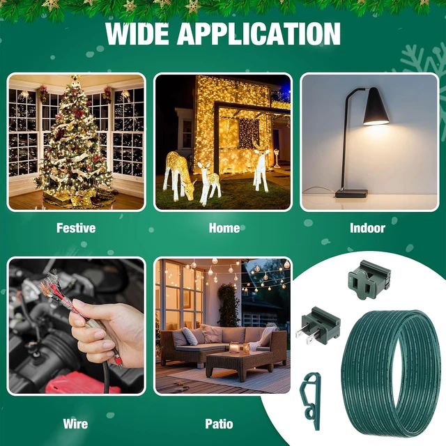 Alt view image 6 of 7 - 117 Pcs SPT-1 Electrical Wire Christmas Female and Male Slip Plug Christmas Light Clip Weatherproof 18AWG 2-Conductor Wire for Xmas Lights Holiday Supplies Decoration (100ft,Green)