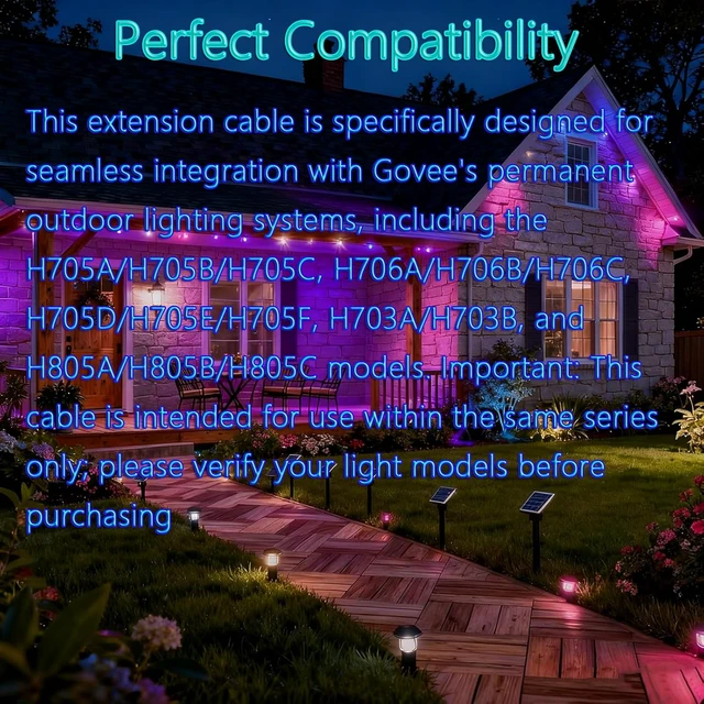 Alt view image 3 of 5 - 2 Set 16FT Permanent Outdoor Lights Extension Cable with Y-Splitter for Govee,IP68 Waterproof Extension Cord 3 Pin Power CordCompatible with Go-vee H706A H706B H706C, H705D H705E H705F